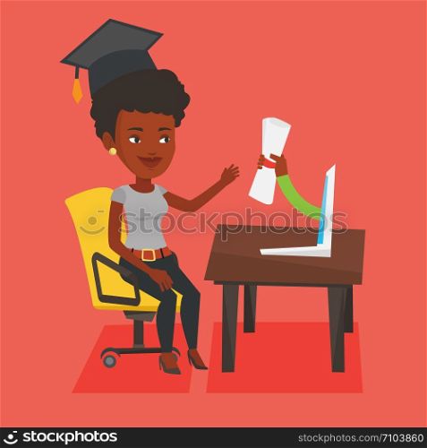 Graduate getting diploma from the computer. An african student in graduation cap working on computer. Concept of educational technology and graduation. Vector flat design illustration. Square layout.. Graduate getting diploma from the computer.