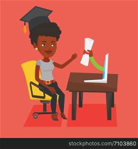 Graduate getting diploma from the computer. An african student in graduation cap working on computer. Concept of educational technology and graduation. Vector flat design illustration. Square layout.. Graduate getting diploma from the computer.