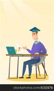 Graduate getting diploma from the computer. Happy student in graduation cap working on a computer. Concept of educational technology and graduation. Vector flat design illustration. Vertical layout.. Graduate getting diploma from the computer.