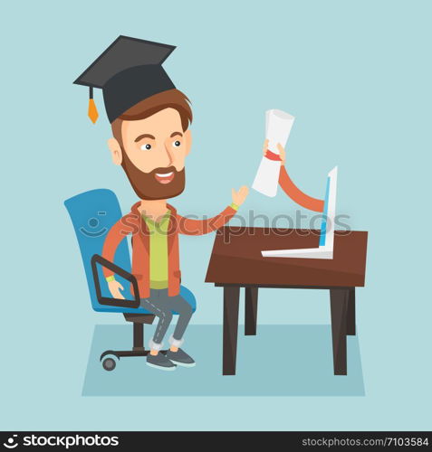 Graduate getting diploma from the computer. Happy student in graduation cap working on a computer. Concept of educational technology and graduation. Vector flat design illustration. Square layout.. Graduate getting diploma from the computer.
