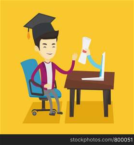 Graduate getting diploma from the computer. Happy student in graduation cap working on a computer. Concept of educational technology and graduation. Vector flat design illustration. Square layout.. Graduate getting diploma from the computer.