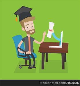 Graduate getting diploma from the computer. Happy student in graduation cap working on computer. Concept of educational technology and graduation. Vector flat design illustration. Square layout.. Graduate getting diploma from the computer.