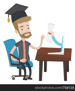 Graduate getting diploma from the computer. Hipster student in graduation cap working on computer. Online education and graduation concept. Vector flat design illustration isolated on white background. Graduate getting diploma from the computer.