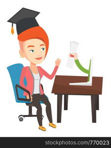 Graduate getting diploma from the computer. Student in graduation cap working on a computer. Educational technology and graduation concept. Vector flat design illustration isolated on white background. Graduate getting diploma from the computer.