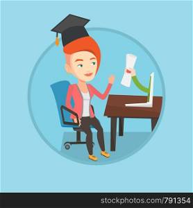 Graduate getting diploma from the computer. Student in graduation cap working on a computer. Concept of educational technology. Vector flat design illustration in the circle isolated on background.. Graduate getting diploma from the computer.