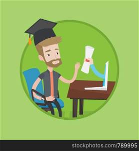 Graduate getting diploma from the computer. Student in graduation cap working on computer. Online education and graduation concept. Vector flat design illustration in the circle isolated on background. Graduate getting diploma from the computer.