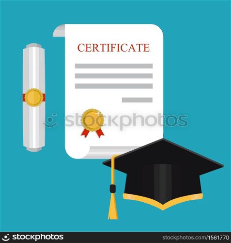 Graduate in a hat, books, certificate. Vector illustration. Education icon. . Education icon. Graduate in a hat, books, certificate. Vector illustration