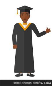 Graduate in cloak and hat showing thumb up sign vector flat design illustration isolated on white background. . Graduate showing thumb up sign.