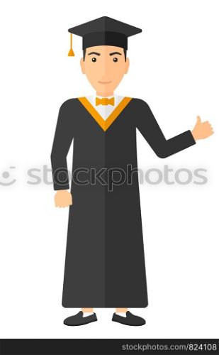 Graduate in cloak and hat showing thumb up sign vector flat design illustration isolated on white background. Vertical layout.. Graduate showing thumb up sign.