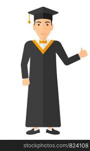 Graduate in cloak and hat showing thumb up sign vector flat design illustration isolated on white background. Vertical layout.. Graduate showing thumb up sign.