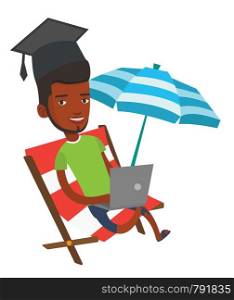 Graduate lying in chaise lounge. Graduate in graduation cap working on a laptop. Graduate studying on beach. Online education concept. Vector flat design illustration isolated on white background.. Graduate lying in chaise lounge with laptop.
