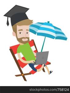Graduate lying in chaise lounge. Graduate in graduation cap working on laptop. Graduate studying on beach. Online education concept. Vector flat design illustration isolated on white background.. Graduate lying in chaise lounge with laptop.