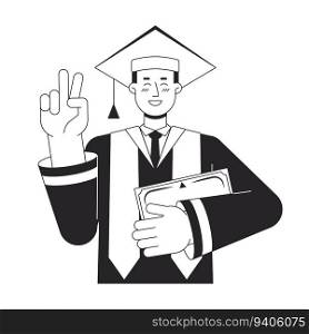 Graduate man in robe and academic cap flat line black white vector character. Editable outline half body student show V sign. Education simple cartoon isolated spot illustration for web graphic design. Graduate man in robe and academic cap flat line black white vector character