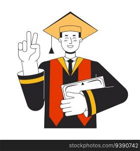 Graduate man in robe and academic cap flat line color vector character. Editable outline half body student show V sign on white. Education simple cartoon spot illustration for web graphic design. Graduate man in robe and academic cap flat line color vector character