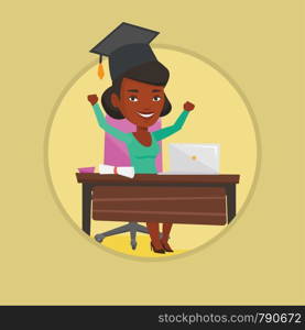 Graduate sitting at table with laptop and diploma. Graduate in graduation cap using laptop for education. Online graduation concept. Vector flat design illustration in circle isolated on background.. Student using laptop for education.