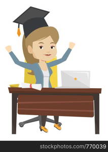 Graduate sitting at the table with laptop and diploma. Graduate in graduation cap using laptop for education. Online graduation concept. Vector flat design illustration isolated on white background.. Student using laptop for education.