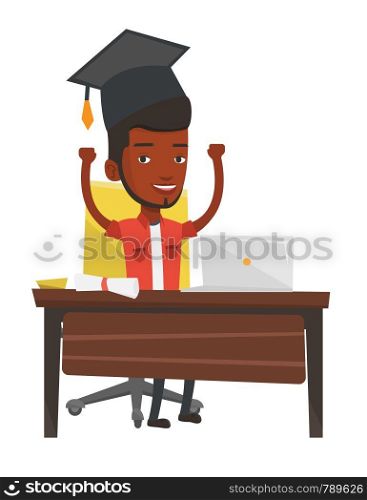 Graduate sitting at the table with laptop and diploma. Graduate in graduation cap using laptop for education. Online graduation concept. Vector flat design illustration isolated on white background. Graduate using laptop for education.