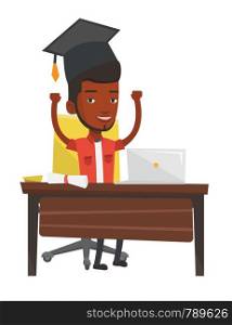 Graduate sitting at the table with laptop and diploma. Graduate in graduation cap using laptop for education. Online graduation concept. Vector flat design illustration isolated on white background. Graduate using laptop for education.