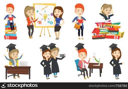 Graduate sitting at the table with laptop. Graduate in graduation cap using laptop for education. Online graduation concept. Set of vector flat design illustrations isolated on white background.. Vector set of student and teachers characters.