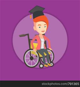Graduate sitting in wheelchair. Female caucasian student sitting in wheelchair. Smiling disabled graduate sitting in wheelchair. Vector flat design illustration in the circle isolated on background.. Graduate sitting in wheelchair vector illustration