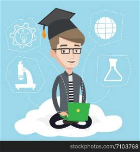 Graduate sitting on cloud with laptop on knees. Happy student in graduation cap working on computer. Concept of educational technology and graduation. Vector flat design illustration. Square layout.. Graduate sitting on cloud vector illustration.