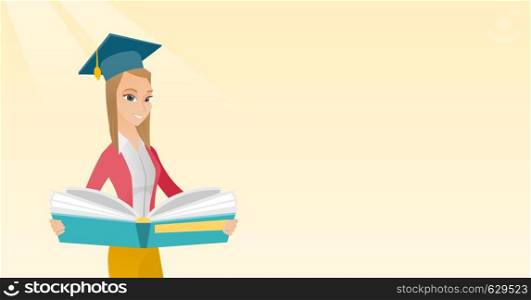Graduate standing with a big open book in hands. Smiling female student in graduation cap reading a book. Woman holding a book. Concept of education. Vector flat design illustration. Horizontal layout. Graduate with book in hands vector illustration.