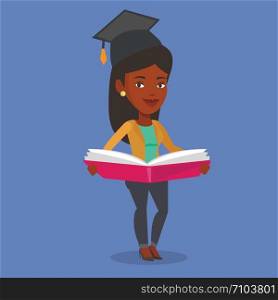 Graduate standing with a big open book in hands. African-american student in graduation cap reading a book. Student holding a book. Concept of education. Vector flat design illustration. Square layout. Graduate with book in hands vector illustration.