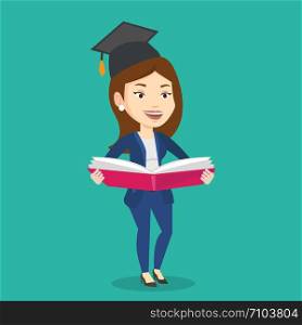 Graduate standing with a big open book in hands. Smiling female student in graduation cap reading a book. Woman holding a book. Concept of education. Vector flat design illustration. Square layout.. Graduate with book in hands vector illustration.