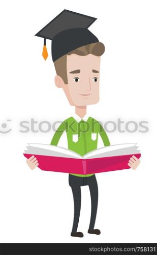 Graduate standing with a big open book in hands. Graduate in graduation cap reading a book. Graduate holding a book. Concept of education. Vector flat design illustration isolated on white background.. Graduate with book in hands vector illustration.
