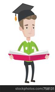 Graduate standing with a big open book in hands. Graduate in graduation cap reading a book. Graduate holding a book. Concept of education. Vector flat design illustration isolated on white background.. Graduate with book in hands vector illustration.