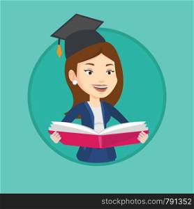Graduate standing with an open book in hands. Student in graduation cap reading a book. Woman holding a book. Concept of education. Vector flat design illustration in the circle isolated on background. Graduate with book in hands vector illustration.