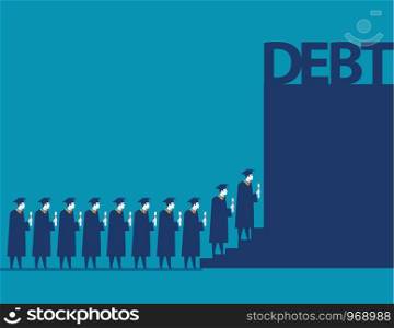 Graduate students walking into debt. Concept business debt illustration. Vector cartoon character and abstract