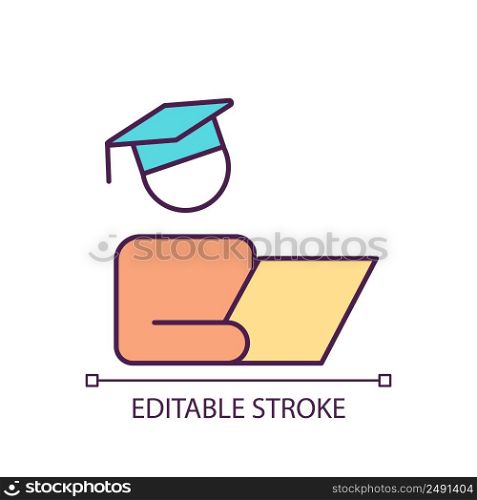 Graduate with paper RGB color icon. Student with academic hat. Education process for learners. Isolated vector illustration. Simple filled line drawing. Editable stroke. Arial font used. Graduate with paper RGB color icon