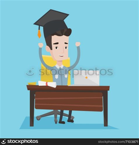 Graduate with raised hands sitting at the table with laptop and diploma. Student in graduation cap using laptop for education. Concept of graduation. Vector flat design illustration. Square layout. Student using laptop for education.