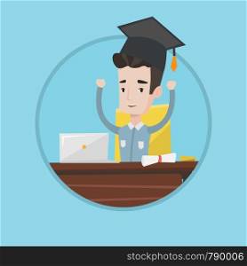 Graduate with raised hands sitting at the table with laptop and diploma. Student in graduation cap using laptop for education. Vector flat design illustration in the circle isolated on background.. Student using laptop for education.