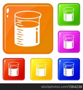 Graduated beaker icons set collection vector 6 color isolated on white background. Graduated beaker icons set vector color