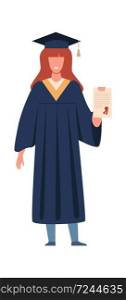 Graduated student. Happy girl with diploma or certificate wearing academic gown and hat, graduation from college or university. Flat vector cartoon isolated illustration. Graduated student. Girl with diploma or certificate wearing academic gown, graduation from college or university. Flat vector cartoon illustration