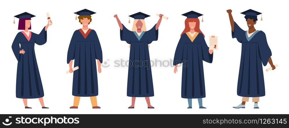 Graduated student. Happy students with diplomas wearing academic gown and graduation cap, group with education certificate vector set