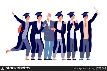 Graduated students. Graduates with teacher, cartoon college end characters. Isolated academic person, university diploma utter vector concept. Illustration teacher school and class people. Graduated students. Graduates with teacher, cartoon college end characters. Isolated academic person, university diploma utter vector concept