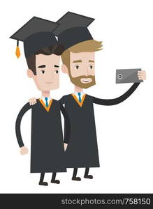 Graduates in cloaks and graduation caps making selfie. Graduates making selfie with cellphone. Young caucasian graduates making selfie. Vector flat design illustration isolated on white background.. Graduates making selfie vector illustration.