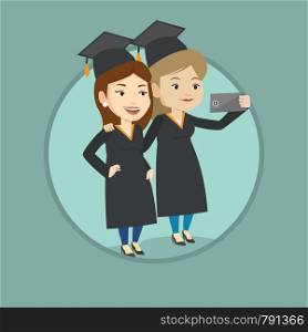 Graduates in cloaks and graduation caps making selfie. Graduates making selfie with cellphone. Caucasian graduates making selfie. Vector flat design illustration in the circle isolated on background.. Graduates making selfie vector illustration.