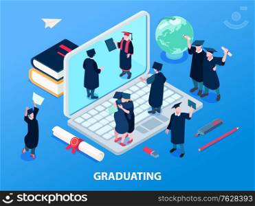 Graduating students and degree concept with academic staff symbols isometric vector illustration