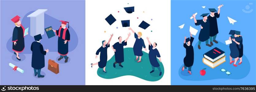 Graduating students design concept set with degree symbols isometric isolated vector illustration