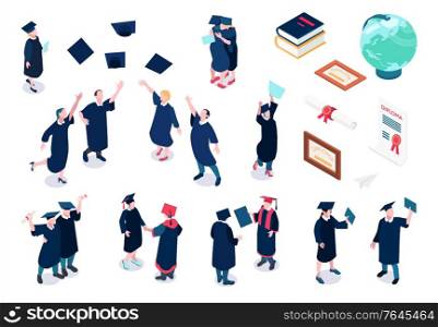 Graduating students icons set with celebration symbols isometric isolated vector illustration
