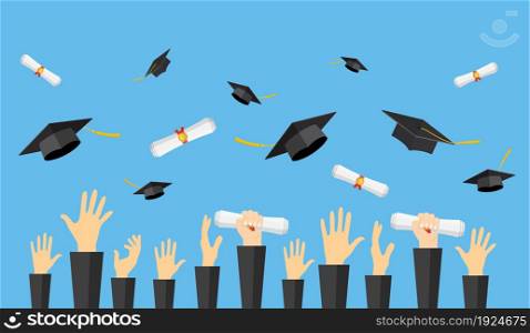 Graduating students of pupil hands in gown throwing graduation caps and diploma scroll in the air, vector illustration in flat style. Graduating students of pupil hands