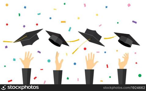 Graduating students of pupil hands in gown throwing graduation caps in the air, vector illustration in flat style. Graduating students of pupil hands