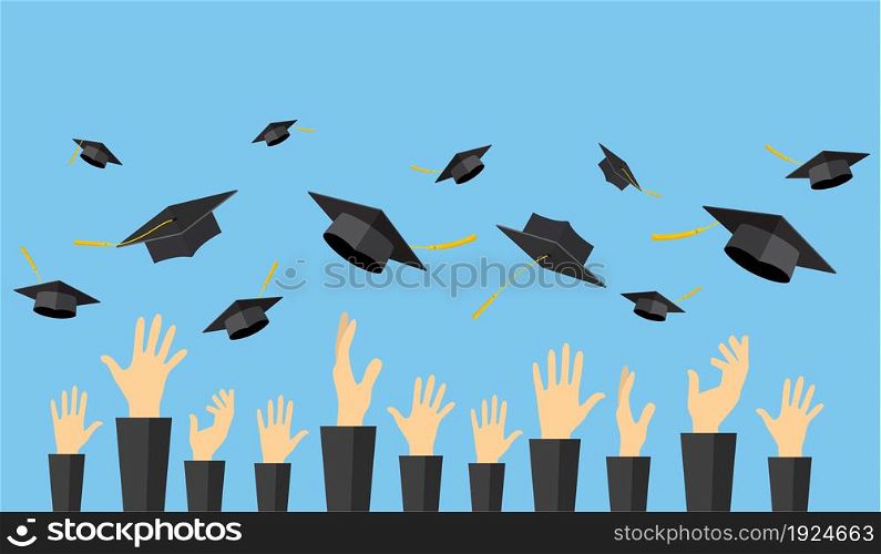 Graduating students of pupil hands in gown throwing graduation caps in the air, vector illustration in flat style. Graduating students of pupil hands