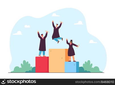 Graduating students wearing cap and gown standing on podium. Graduates award presentation flat vector illustration. Achievement, graduation concept for banner, website design or landing web page