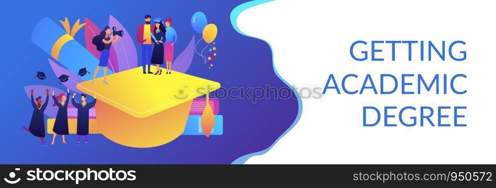 Graduating with friends. Proud parents with graduated student. Graduation day, getting an academic degree, graduation announcements concept. Header or footer banner template with copy space.. Graduation concept banner header