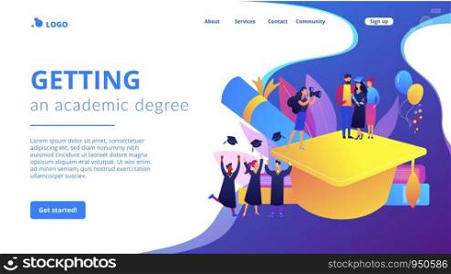 Graduating with friends. Proud parents with graduated student. Graduation day, getting an academic degree, graduation announcements concept. Website homepage landing web page template.. Graduation concept landing page